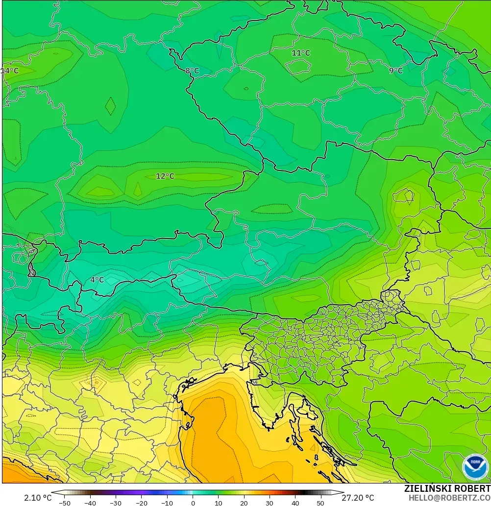 GFS model - Austria, Temperature at 2m