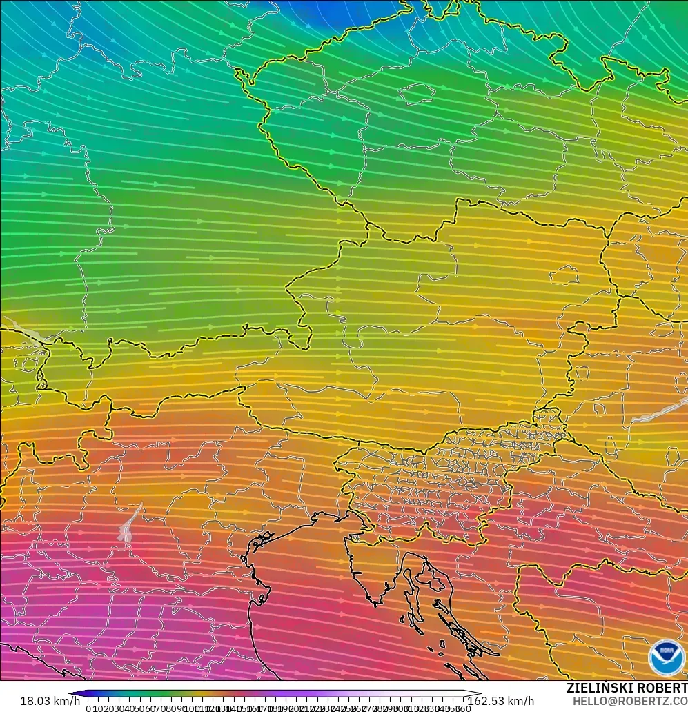 GFS model - Austria, Wind at 300hPa (jet stream)