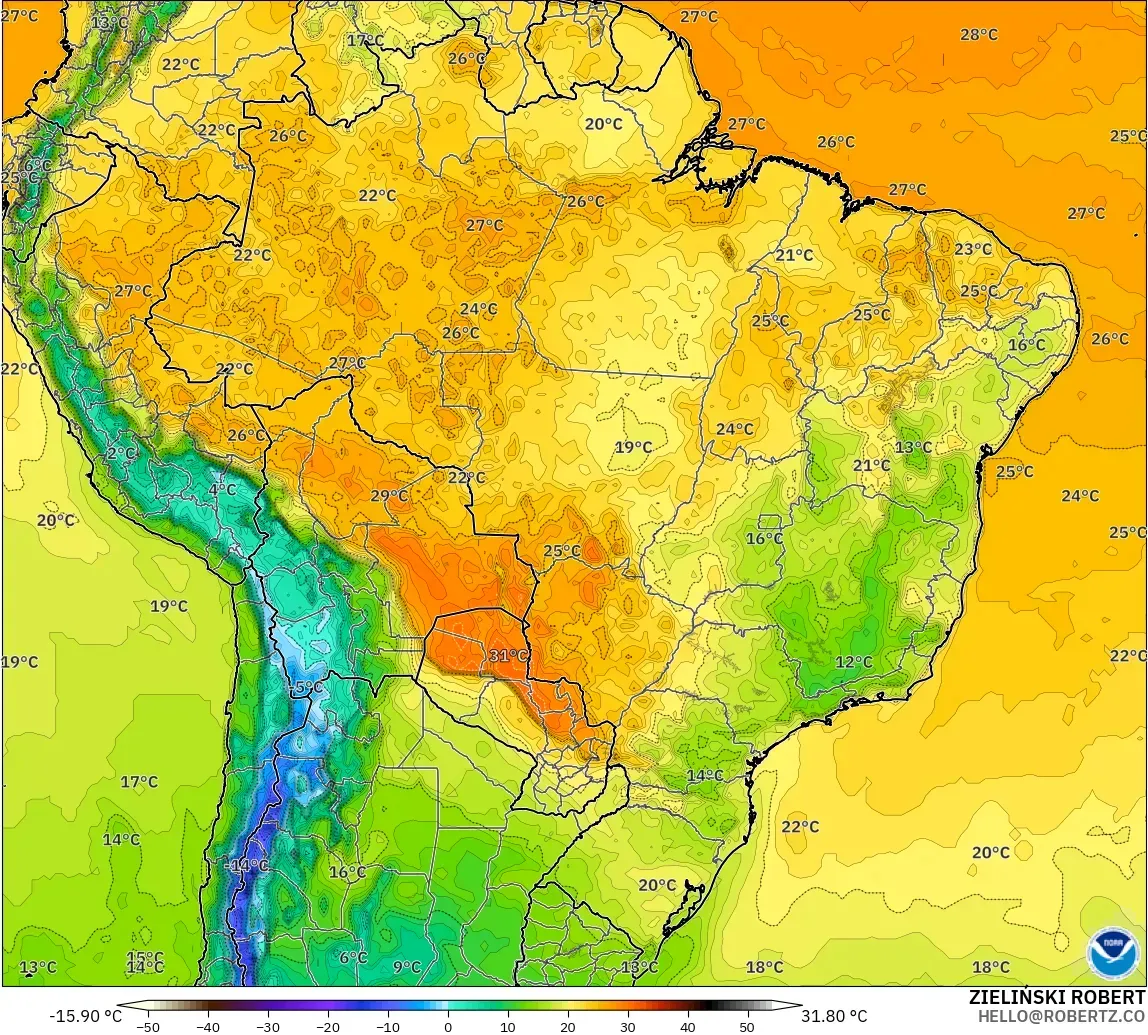 GFS model - Brazil, Temperature at 2m