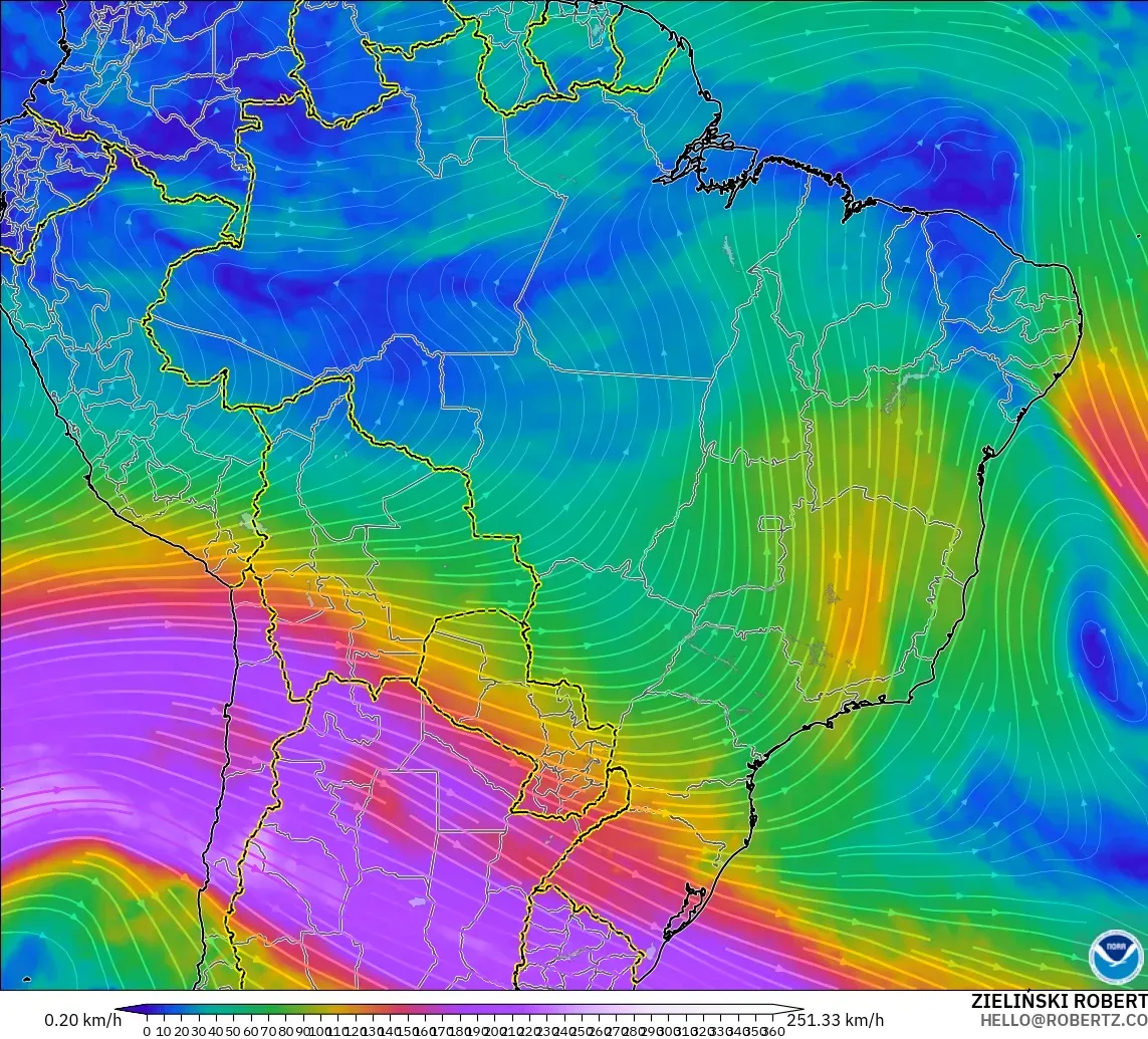 GFS model - Brazil, Wind at 300hPa (jet stream)