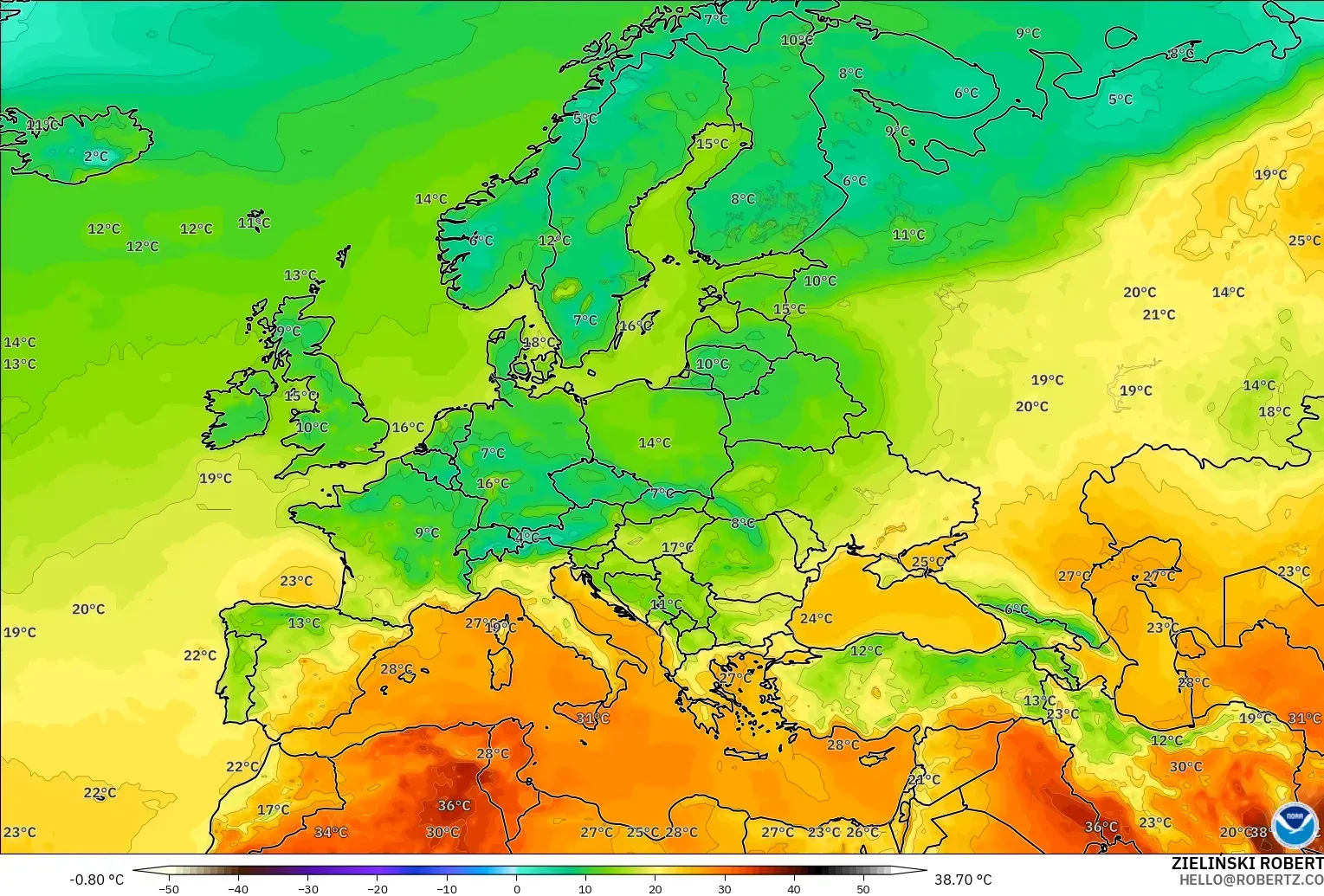 GFS model - Europe, Temperature at 2m