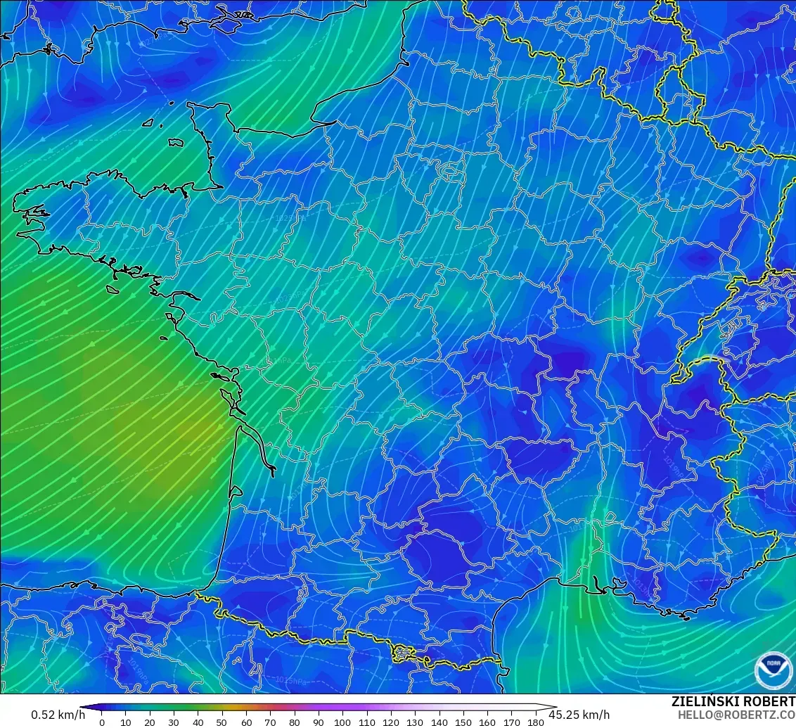 GFS model - France, Wind at 10m