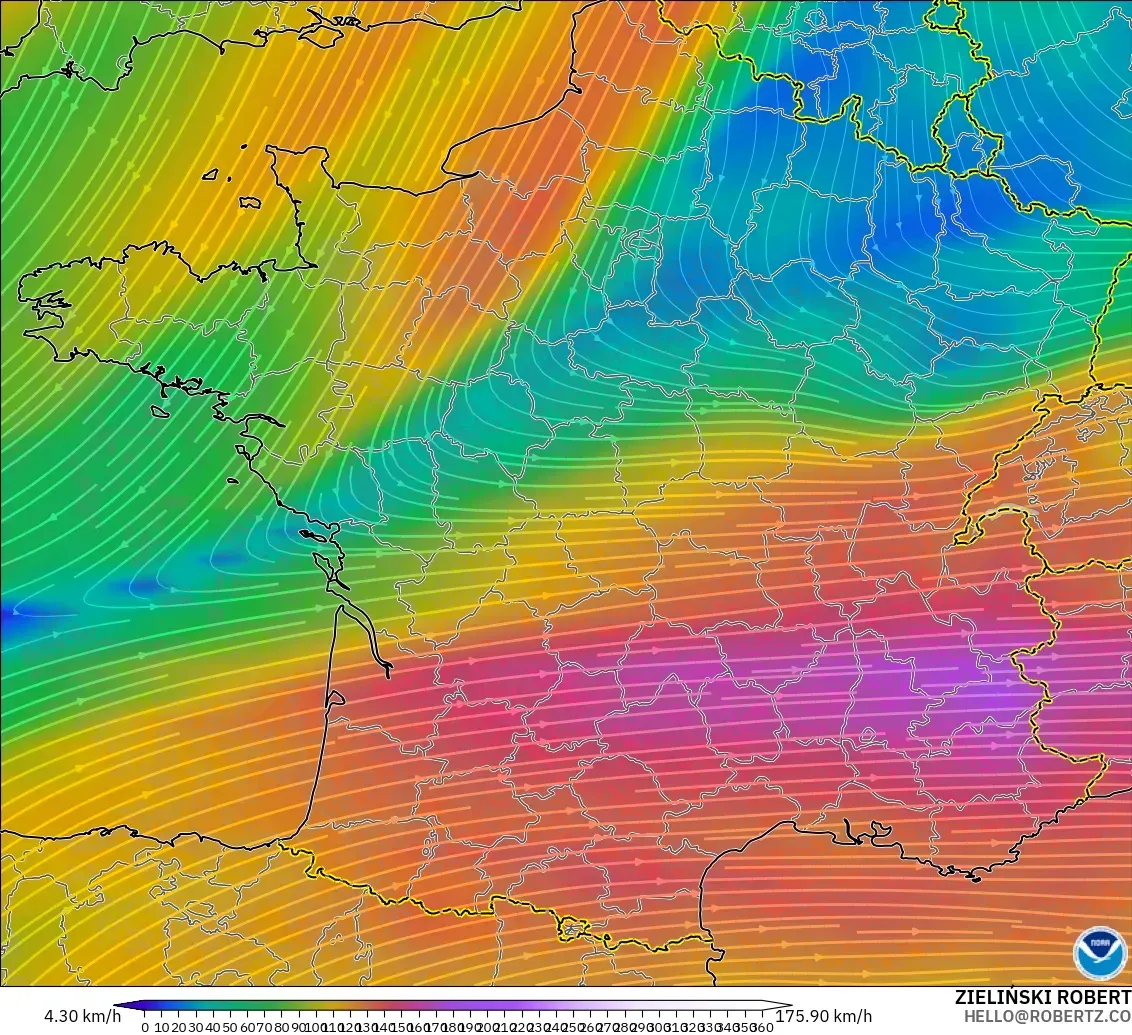 GFS model - France, Wind at 300hPa (jet stream)