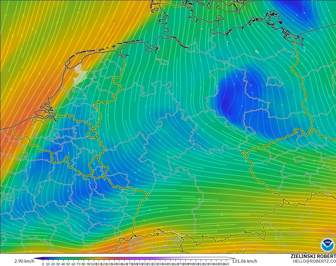 GFS model - Germany, Wind at 300hPa (jet stream)