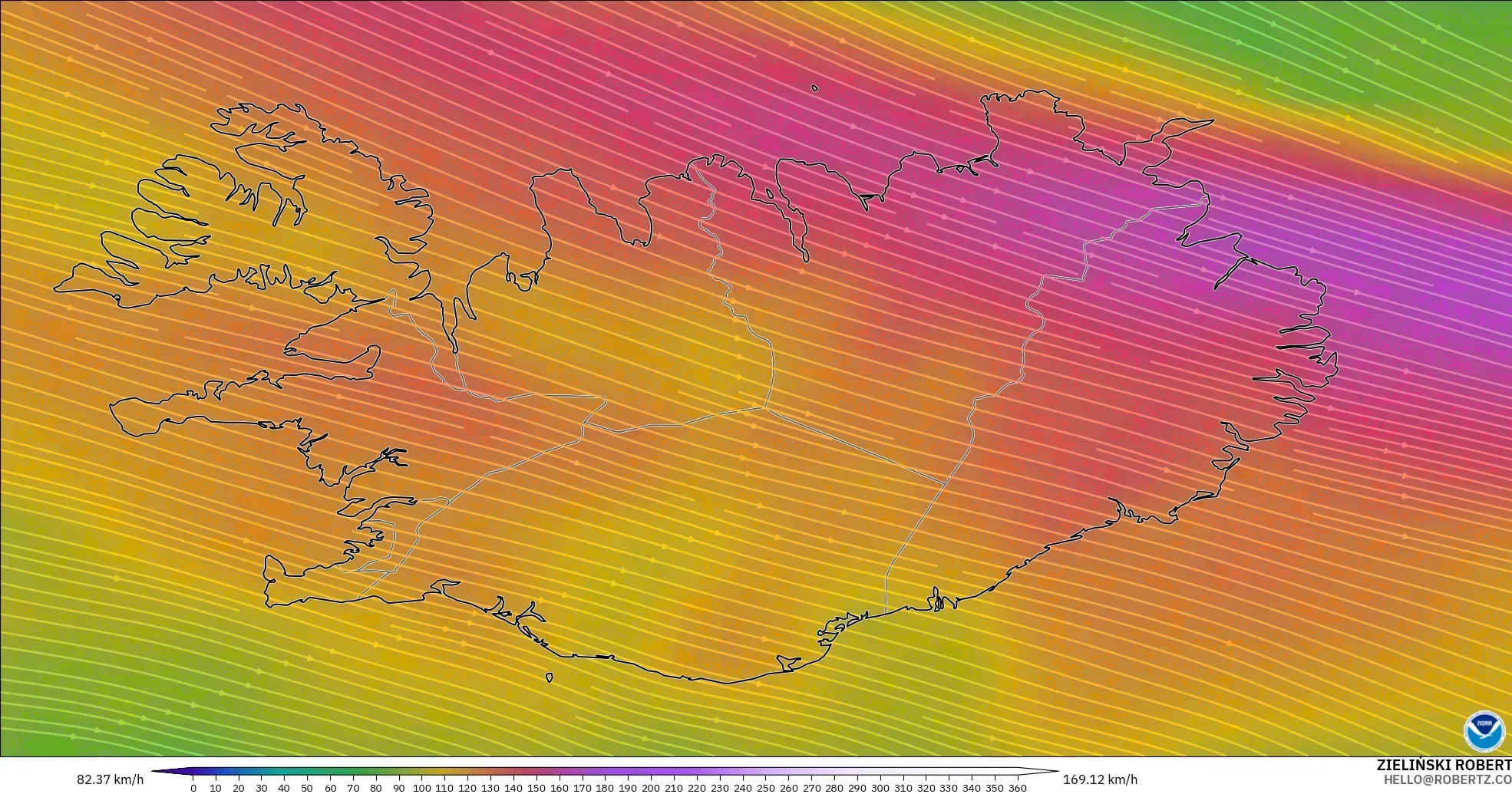 GFS model - Iceland, Wind at 300hPa (jet stream)