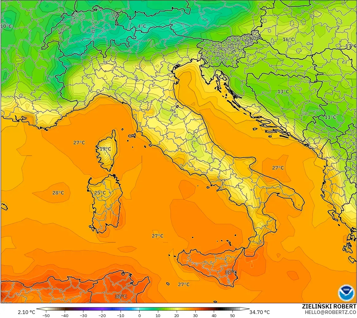 GFS model - Italy, Temperature at 2m