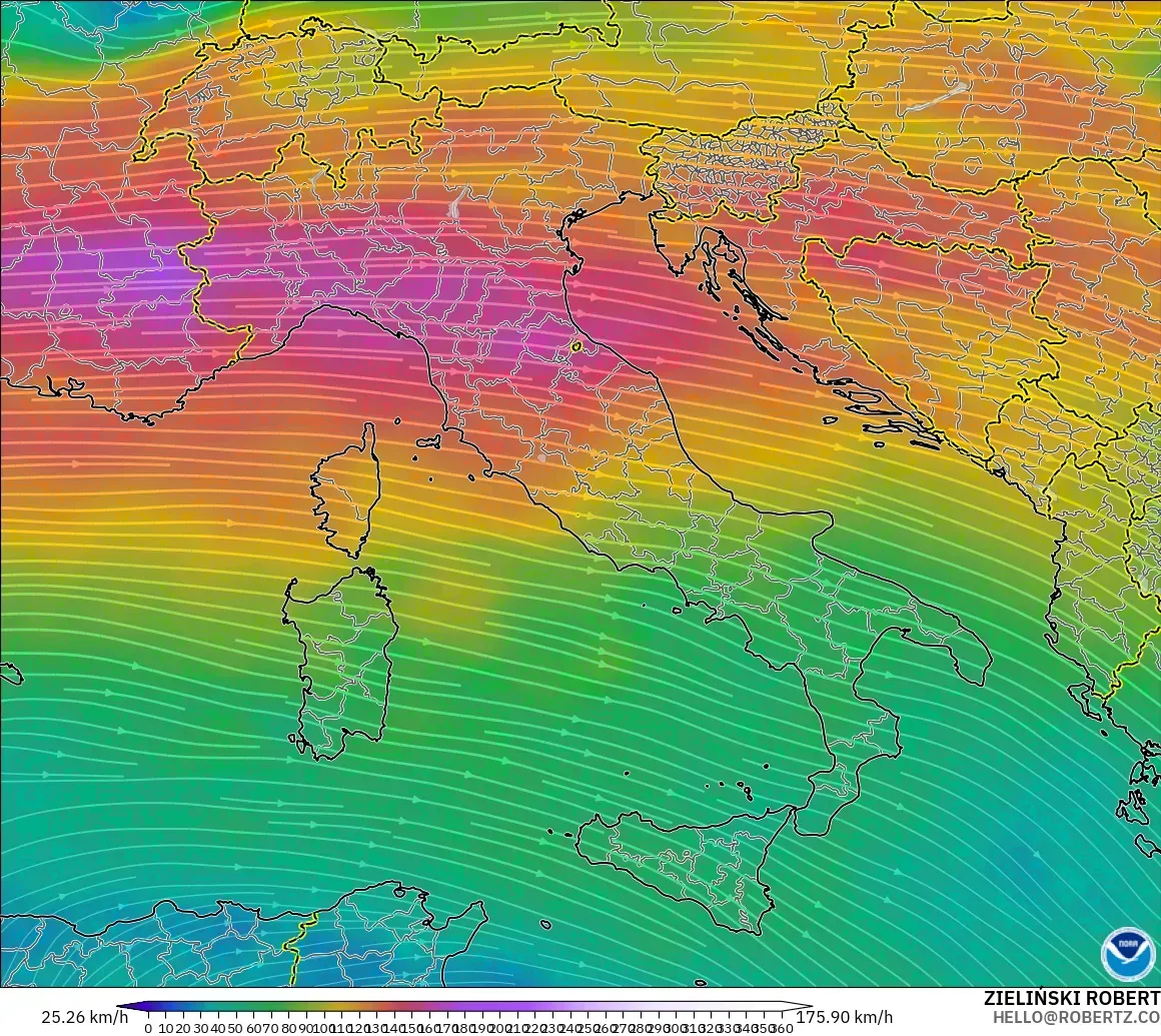 GFS model - Italy, Wind at 300hPa (jet stream)