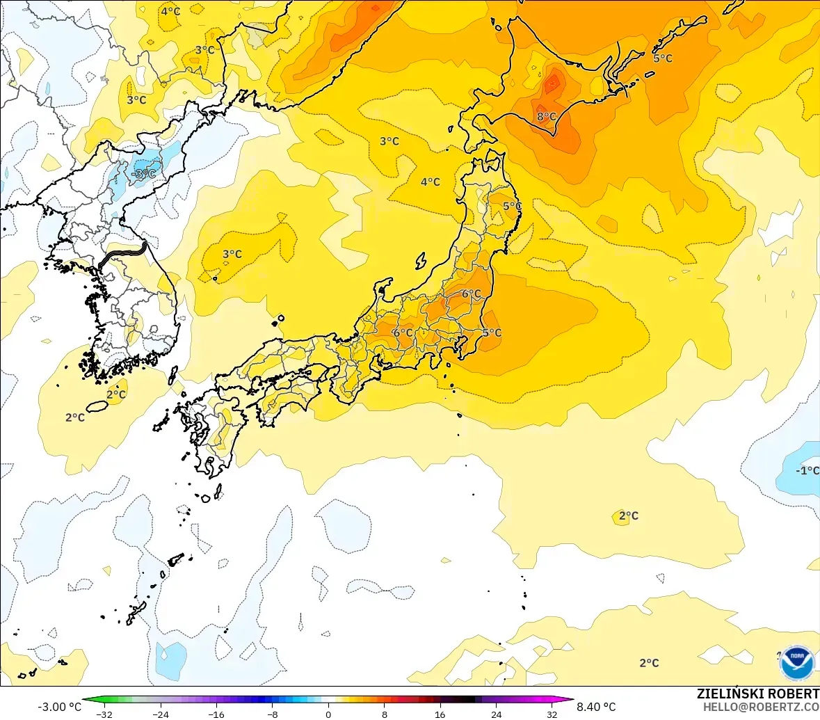 GFS model - Japan, Temperature at 850hPa Anomaly