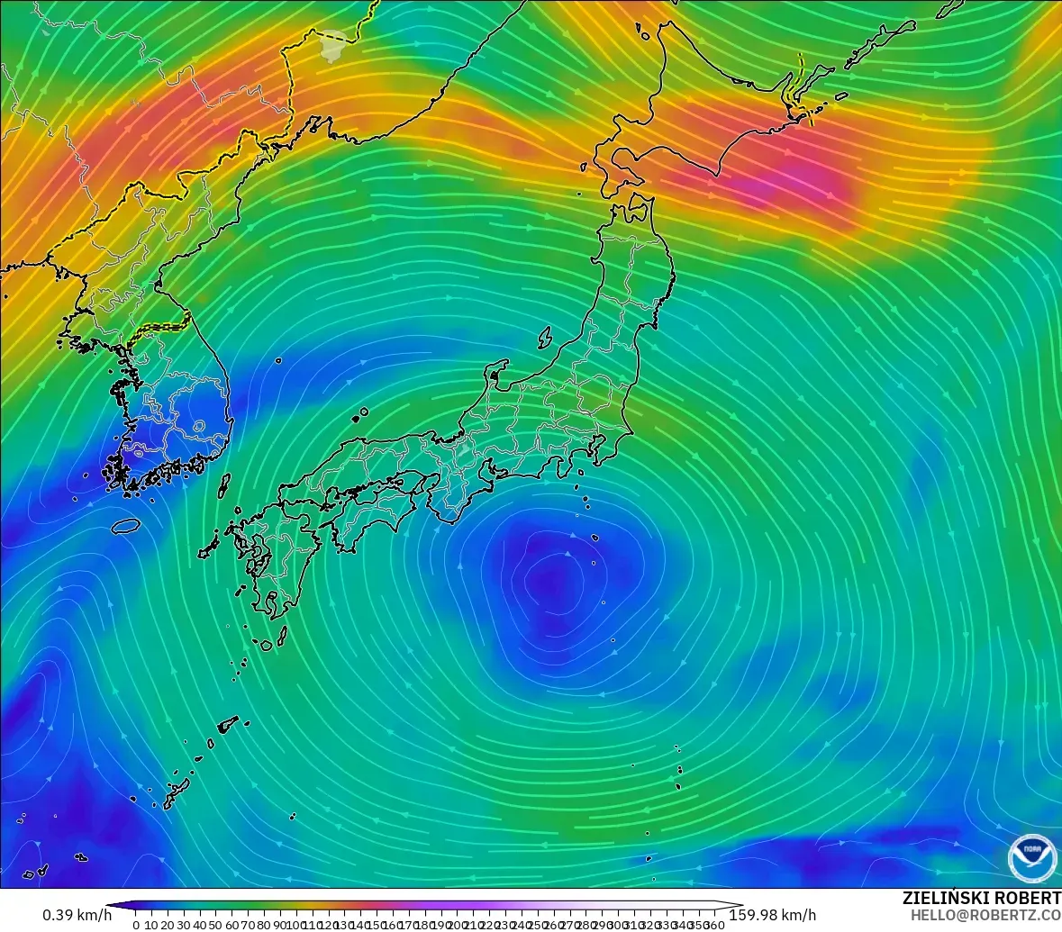 GFS model - Japan, Wind at 300hPa (jet stream)