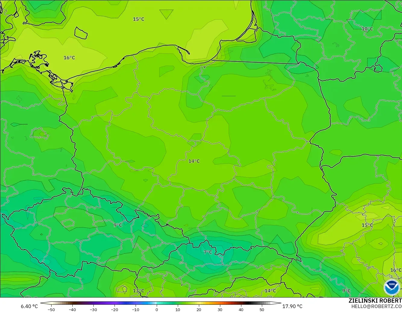 GFS model - Poland, Temperature at 2m