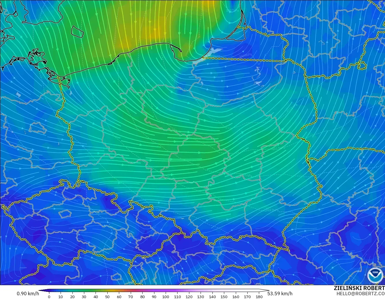 GFS model - Poland, Wind at 10m