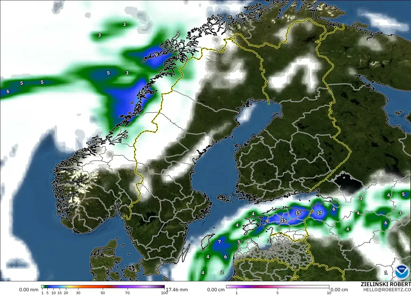 GFS model - Scandinavia, Precipitation, Clouds, and Pressure