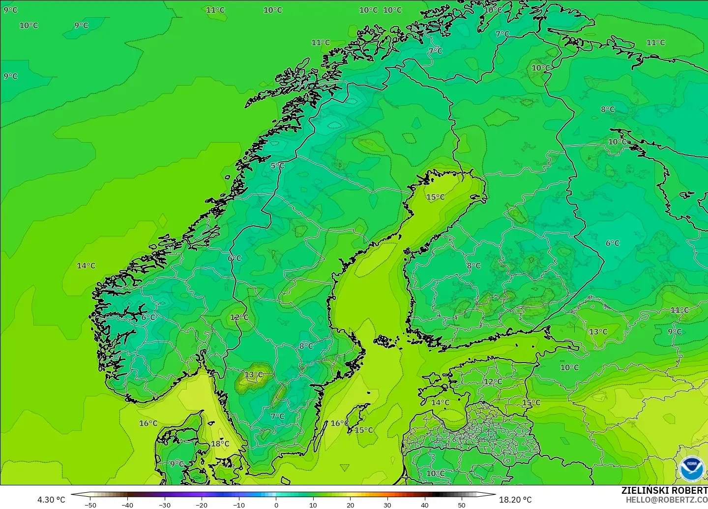GFS model - Scandinavia, Temperature at 2m
