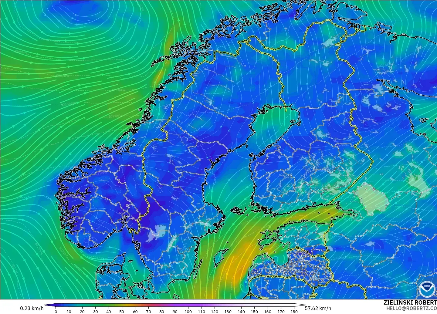 GFS model - Scandinavia, Wind at 10m