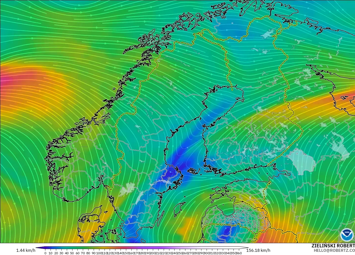 GFS model - Scandinavia, Wind at 300hPa (jet stream)
