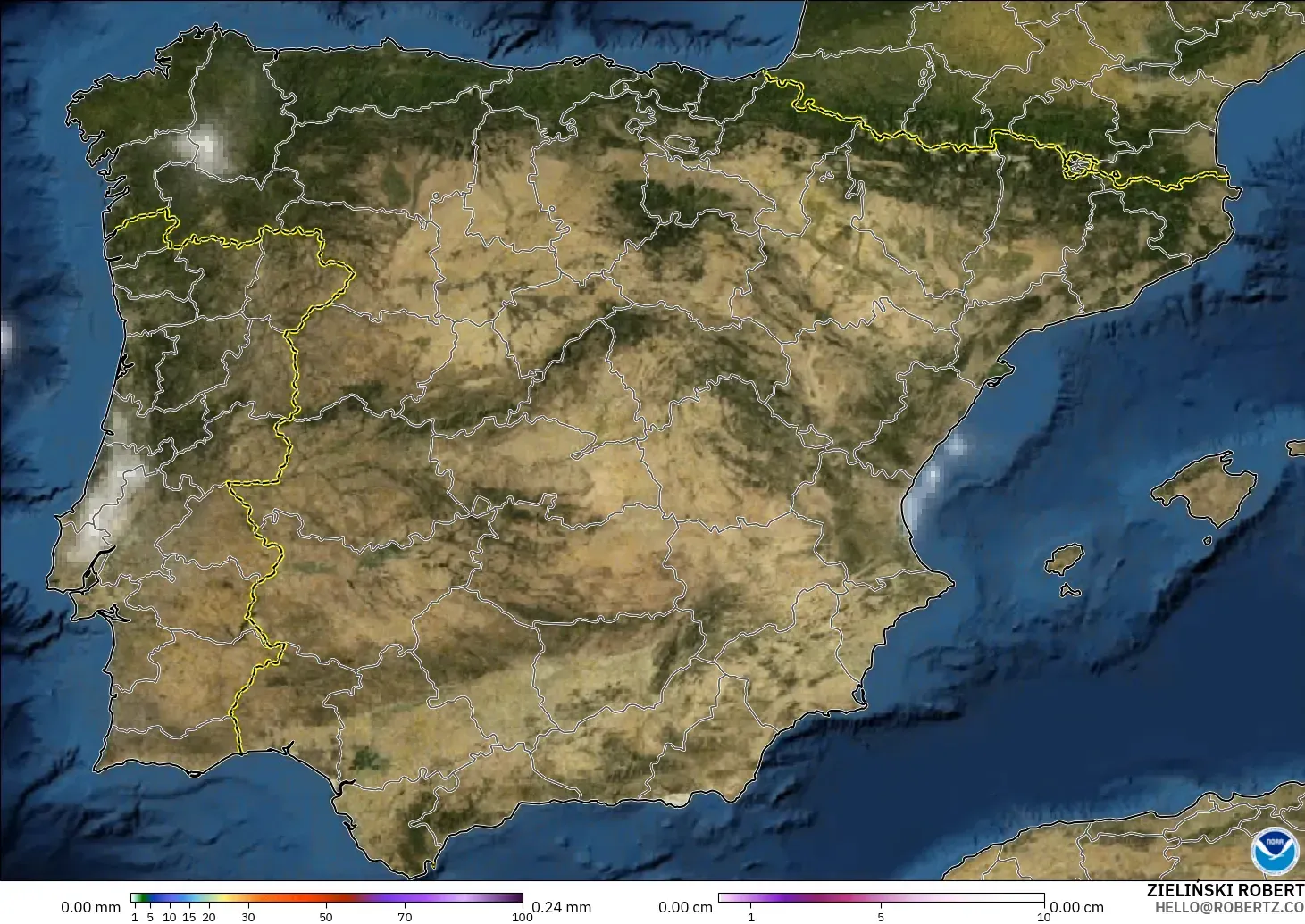 GFS model - Spain, Precipitation, Clouds, and Pressure