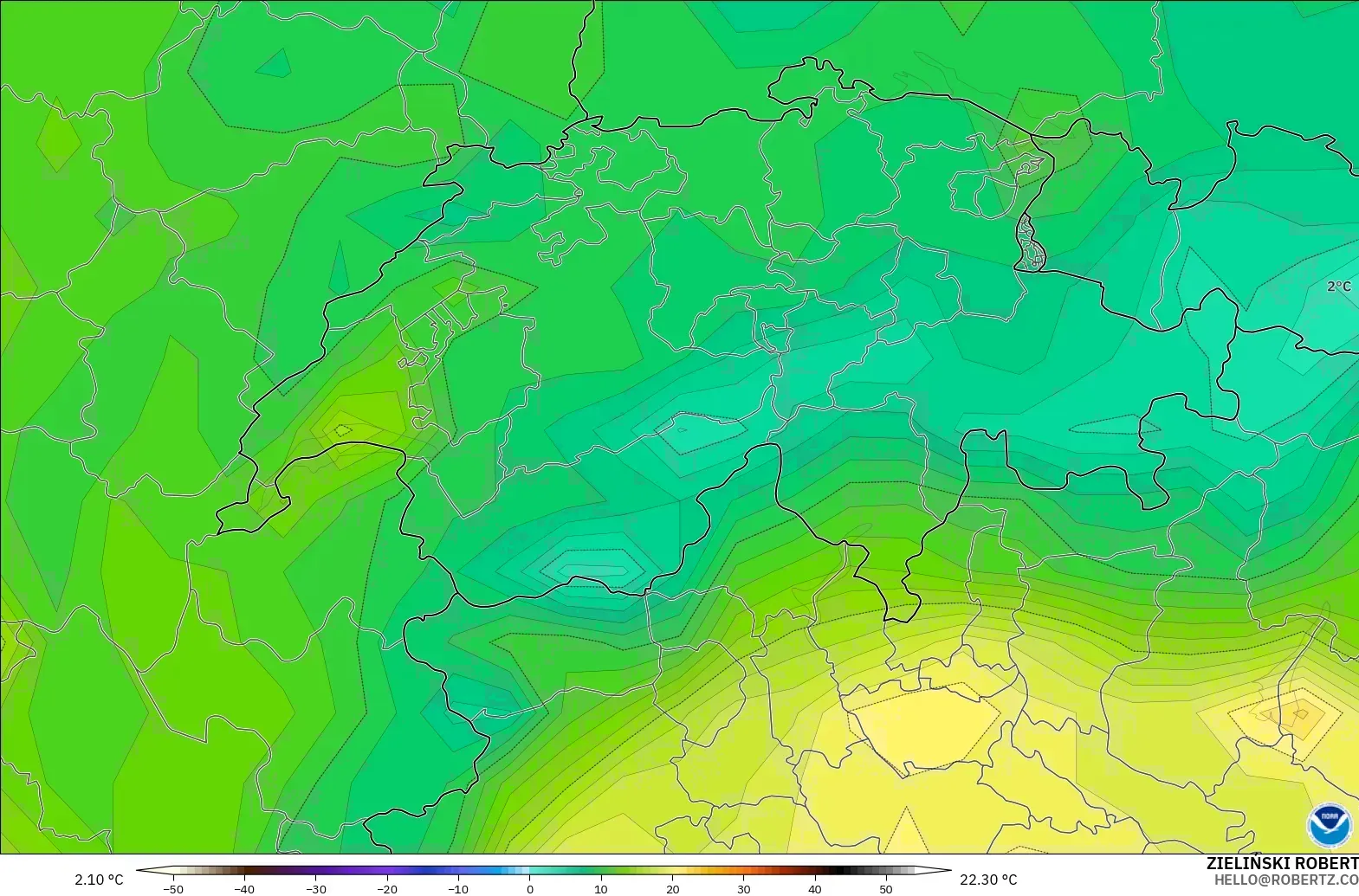 GFS model - Switzerland, Temperature at 2m