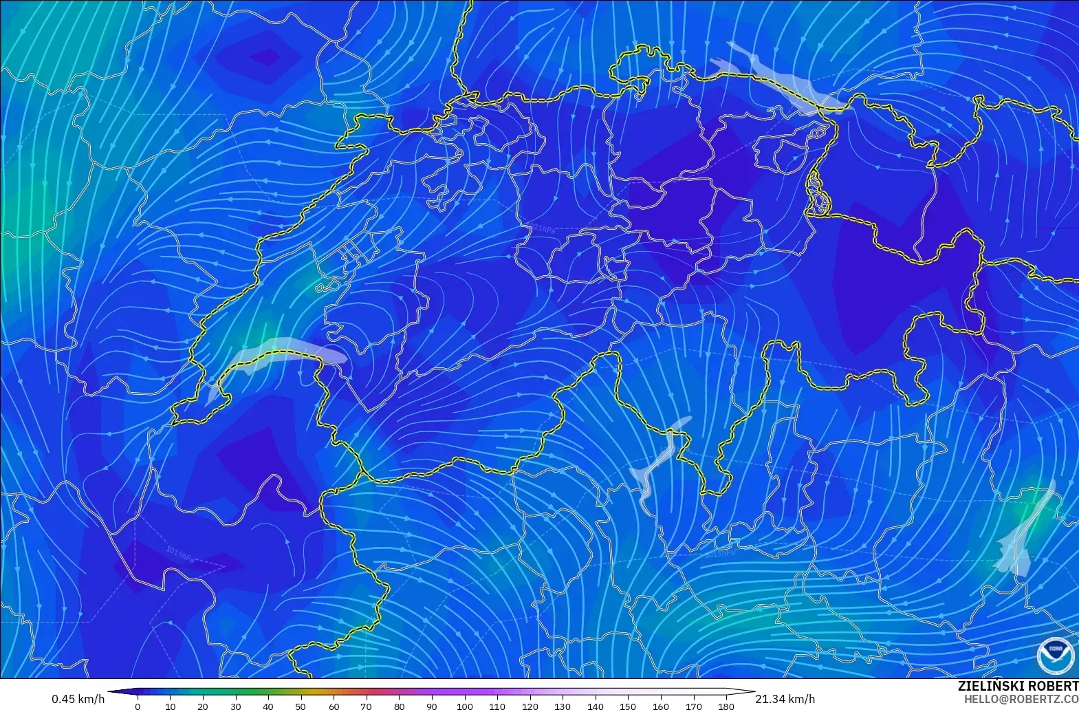 GFS model - Switzerland, Wind at 10m