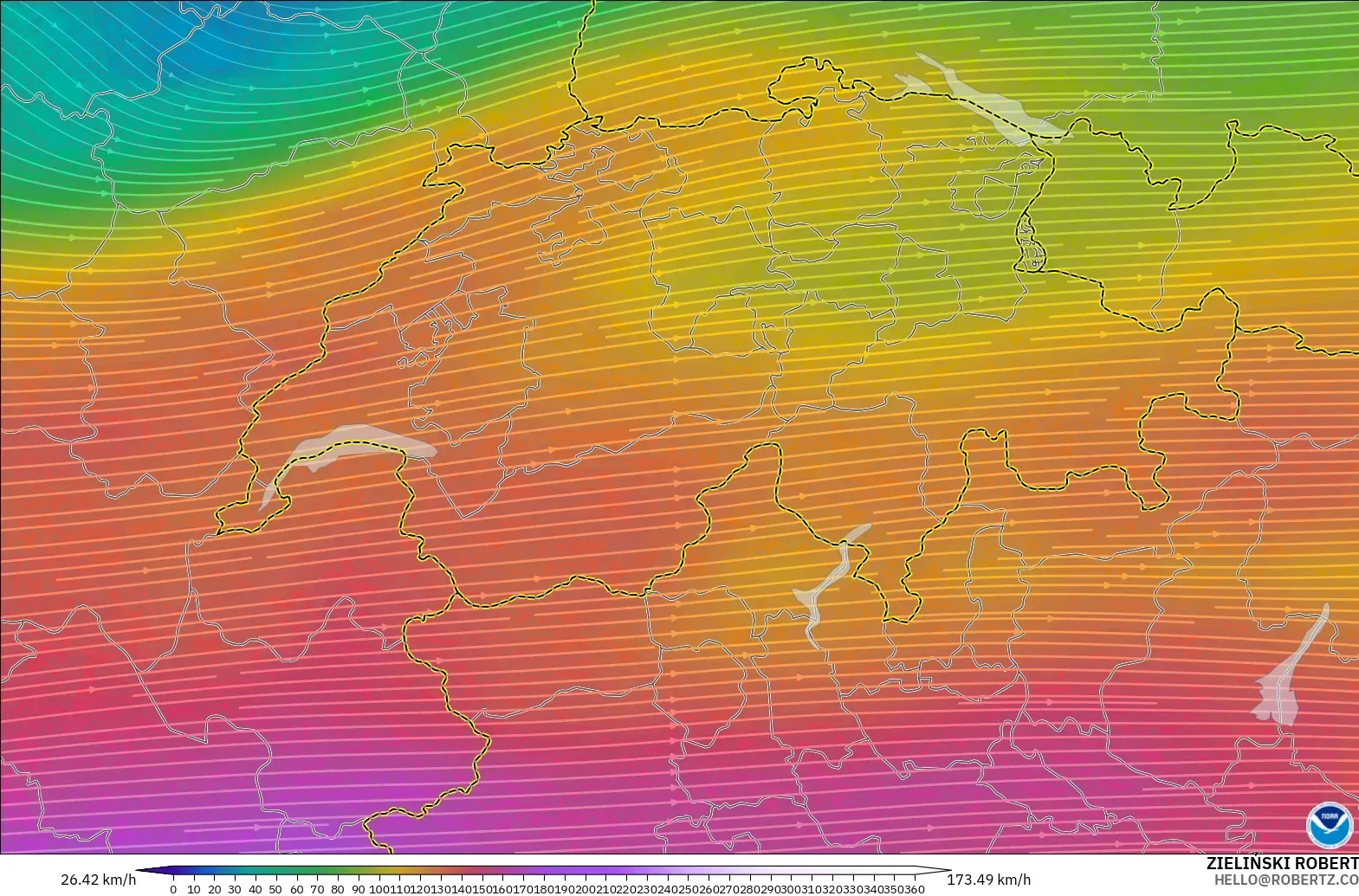 GFS model - Switzerland, Wind at 300hPa (jet stream)