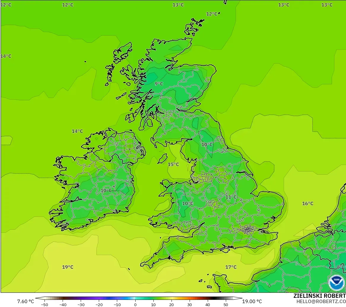 GFS model - United Kingdom, Temperature at 2m