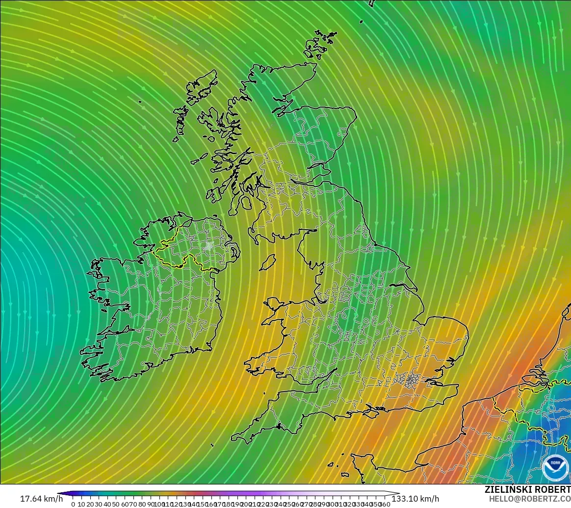 GFS model - United Kingdom, Wind at 300hPa (jet stream)