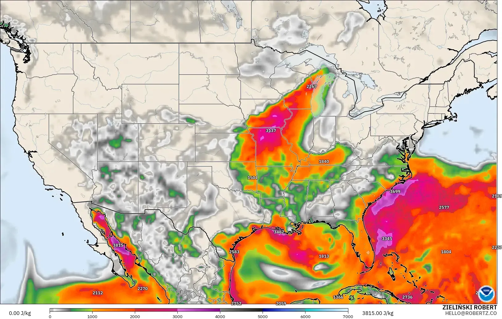 GFS model - United States, CAPE