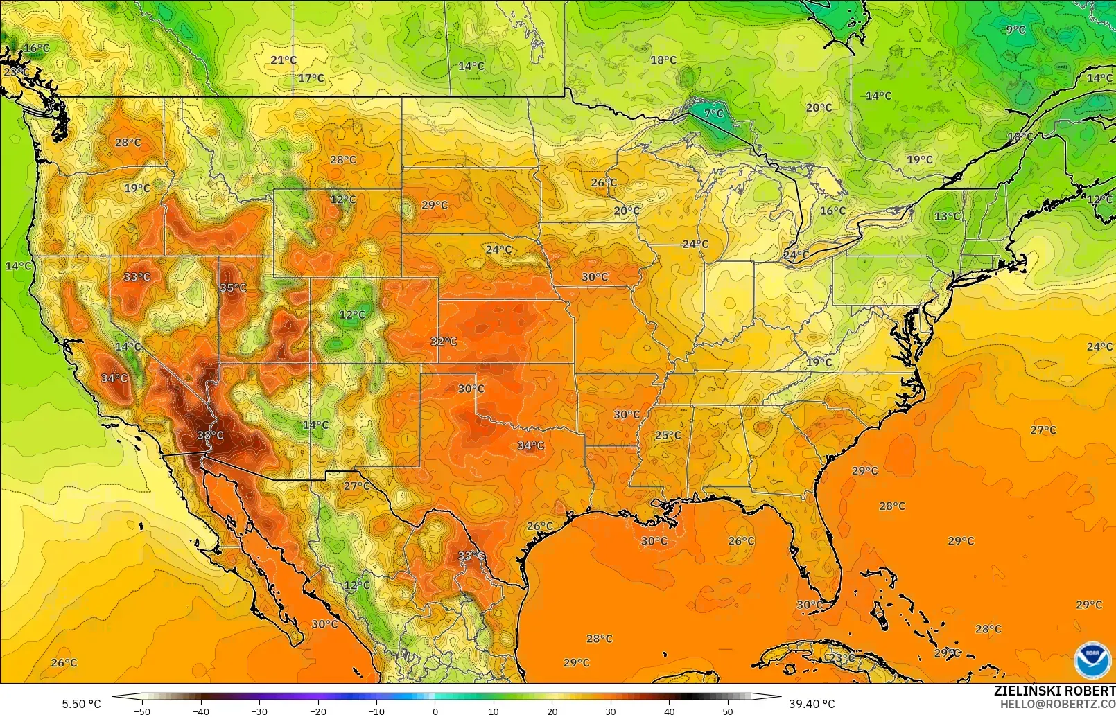 GFS model - United States, Temperature at 2m