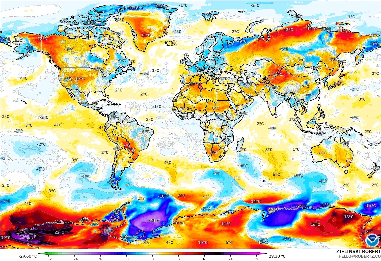 GFS model - World, Temperature at 2m Anomaly