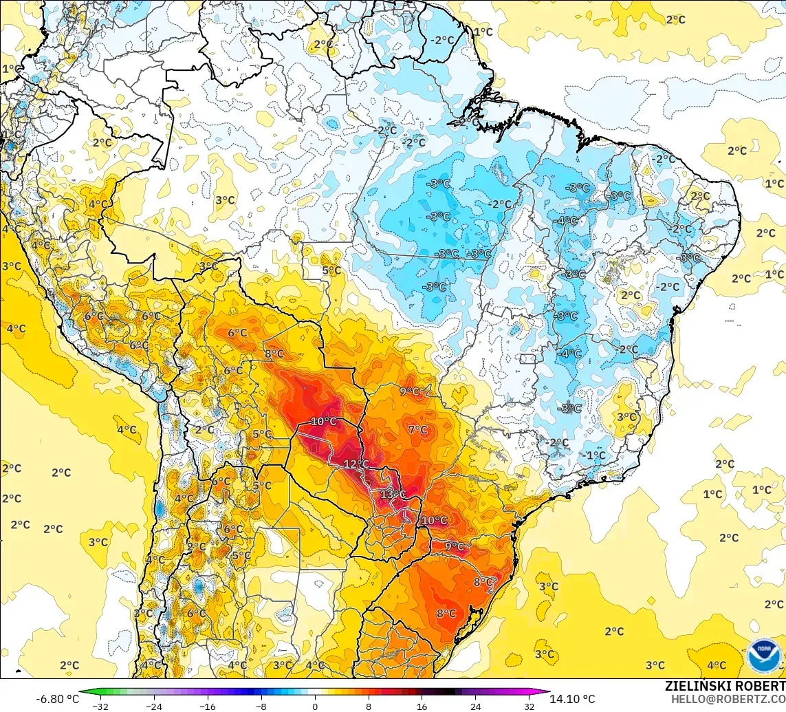 GFS model - Brazil, Temperature at 2m Anomaly