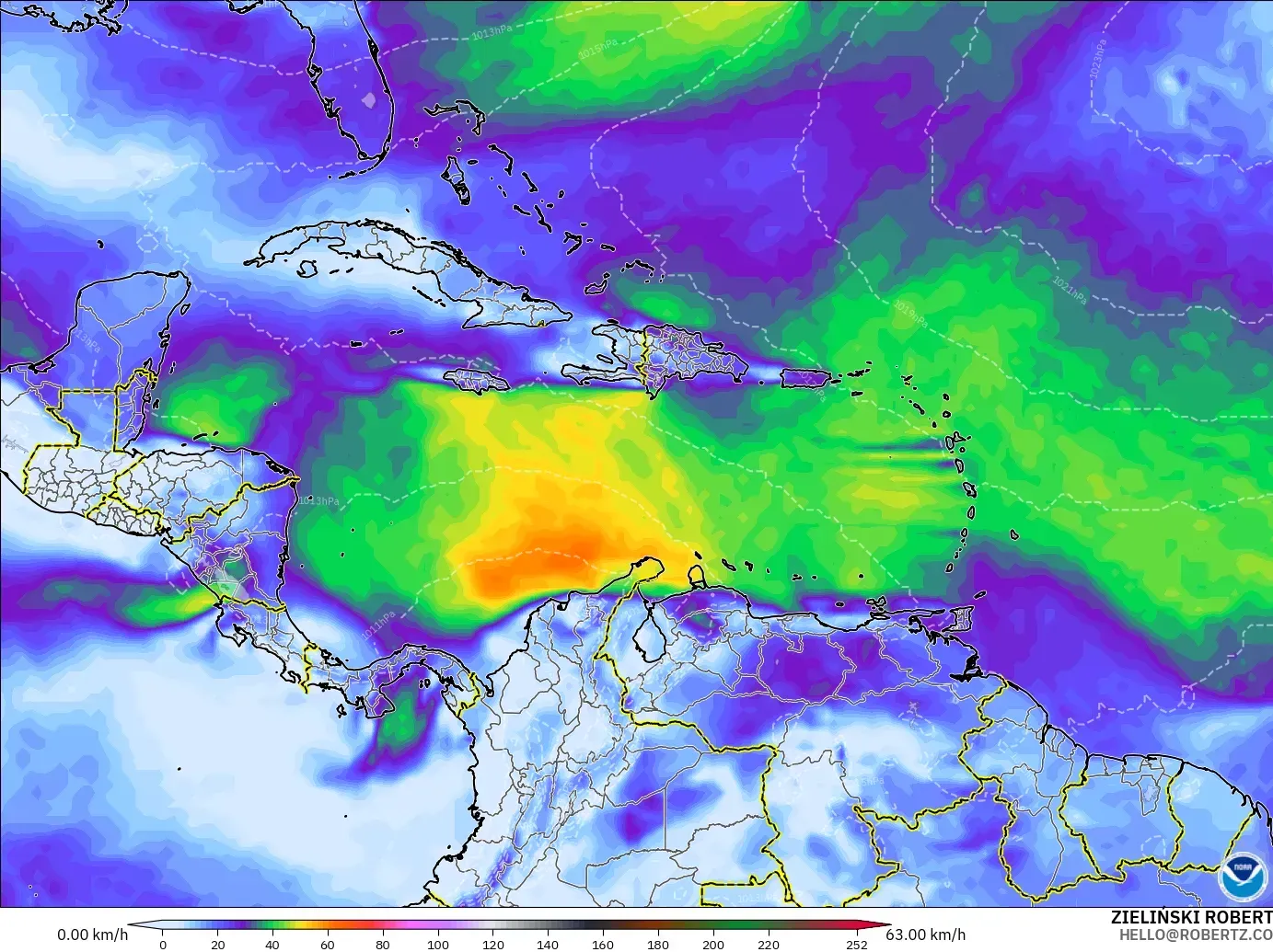 GFS model - Caribbean, Wind Gusts