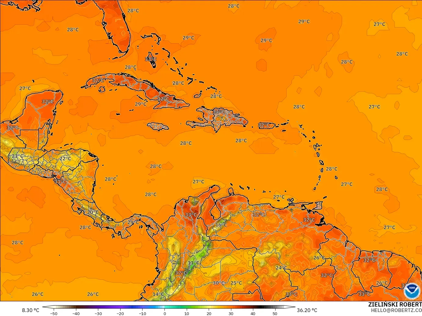 GFS model - Caribbean, Temperature at 2m