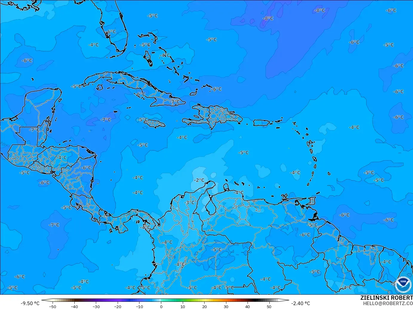 GFS model - Caribbean, Temperature at 500hPa