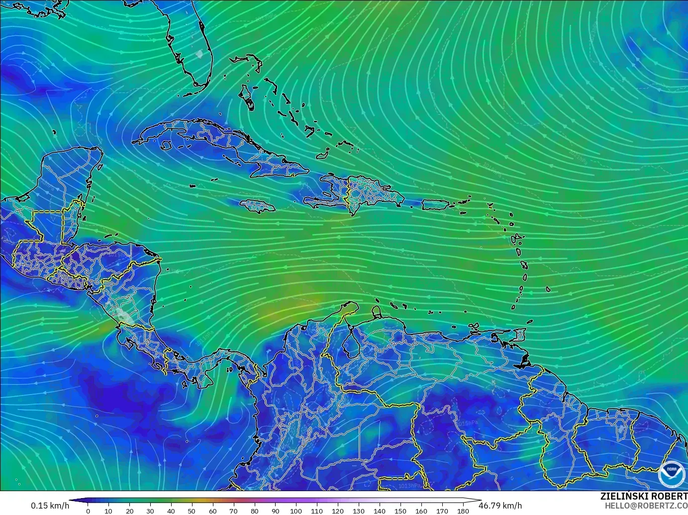 GFS model - Caribbean, Wind at 10m