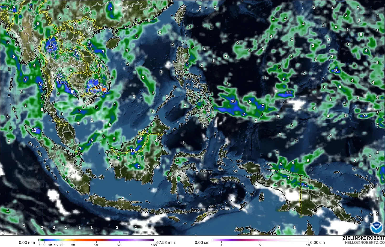 GFS model - South East Asia, Precipitation, Clouds, and Pressure