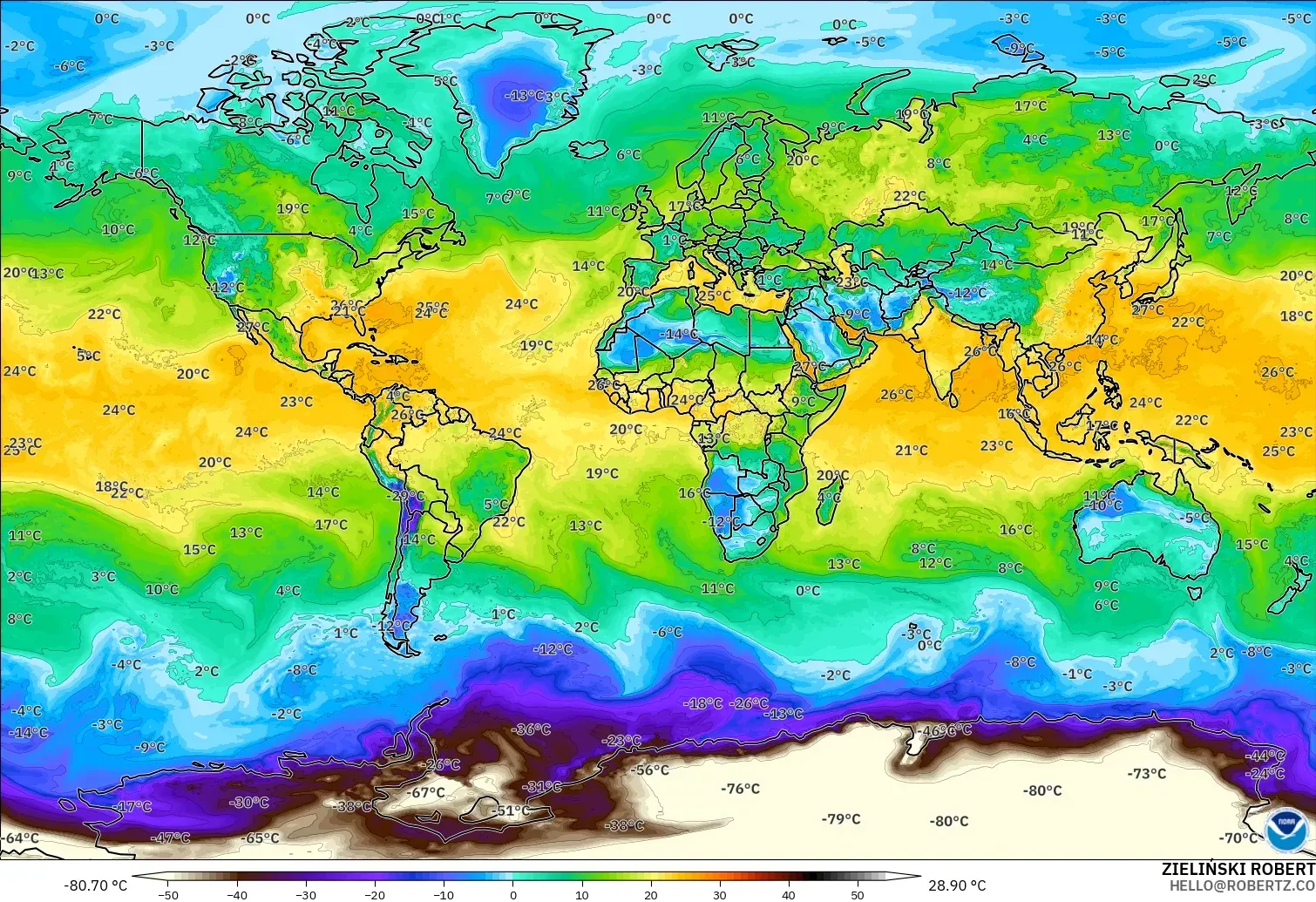 GFS model - World, Dewpoint at 2m