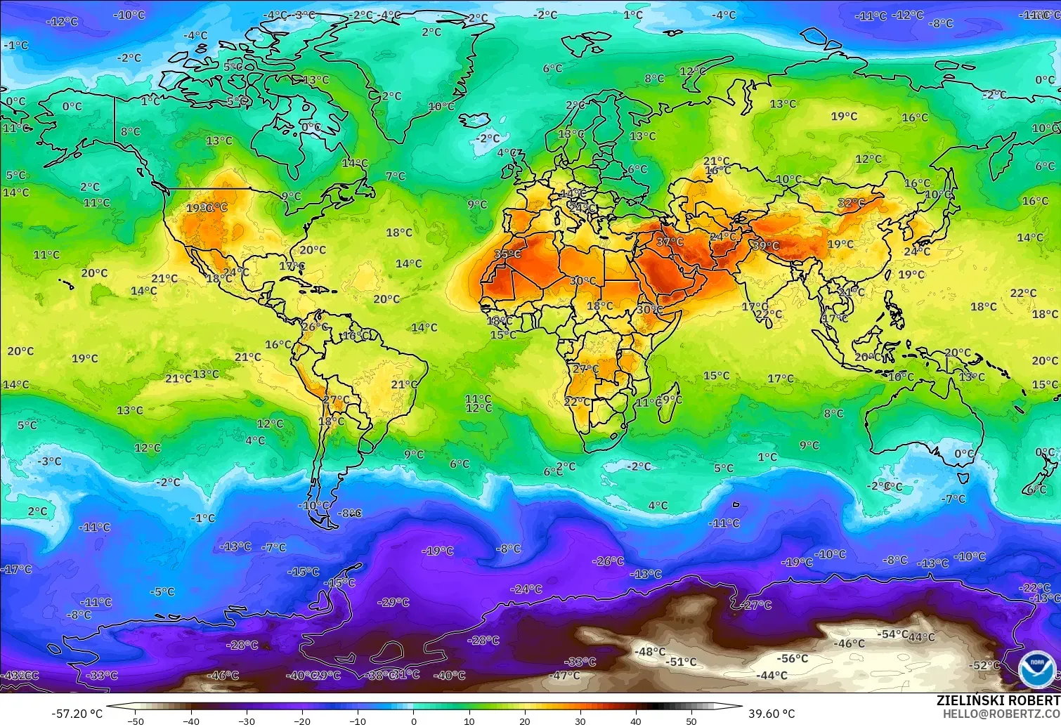 GFS model - World, Temperature at 850hPa