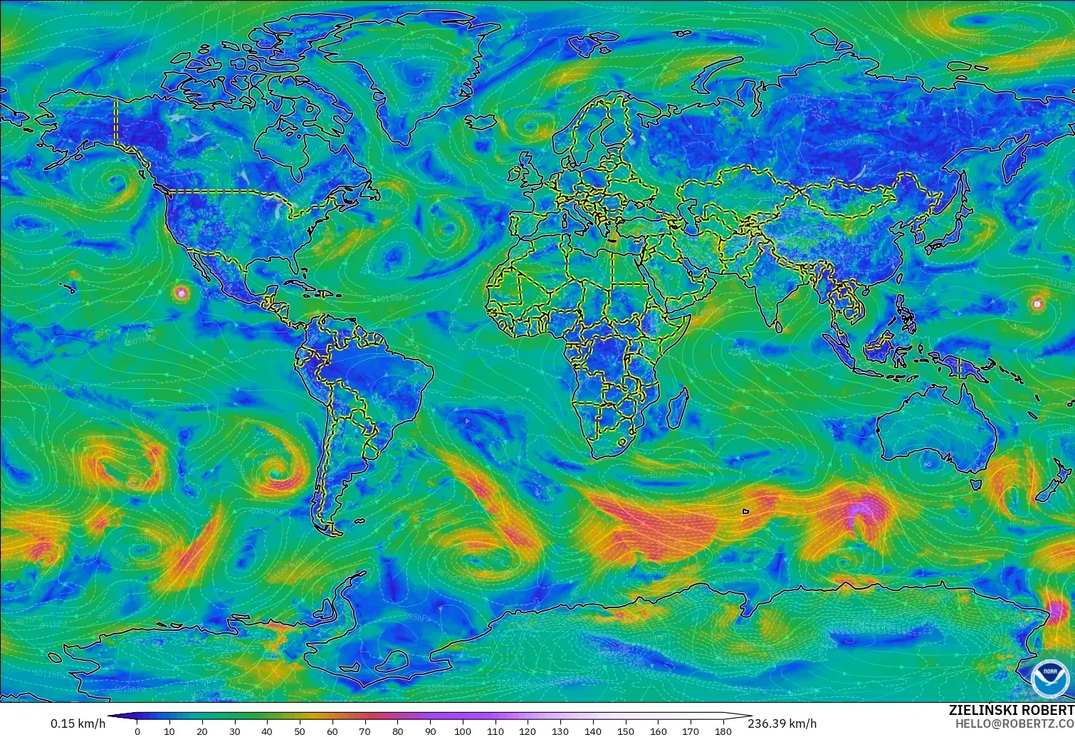 GFS model - World, Wind at 10m