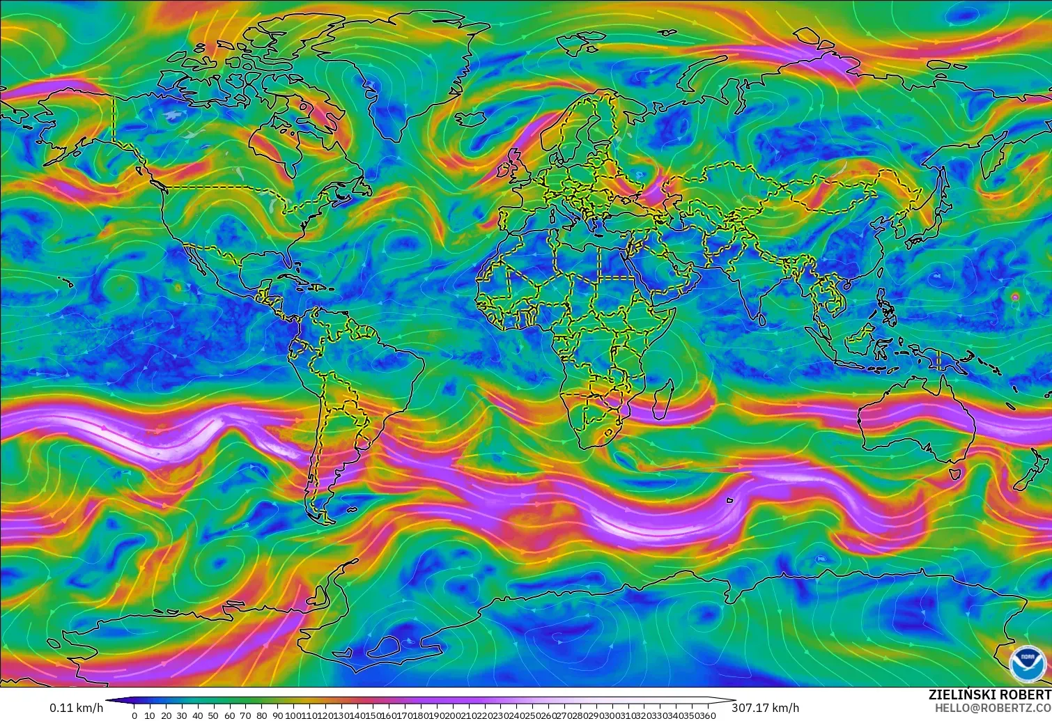 GFS model - World, Wind at 300hPa (jet stream)