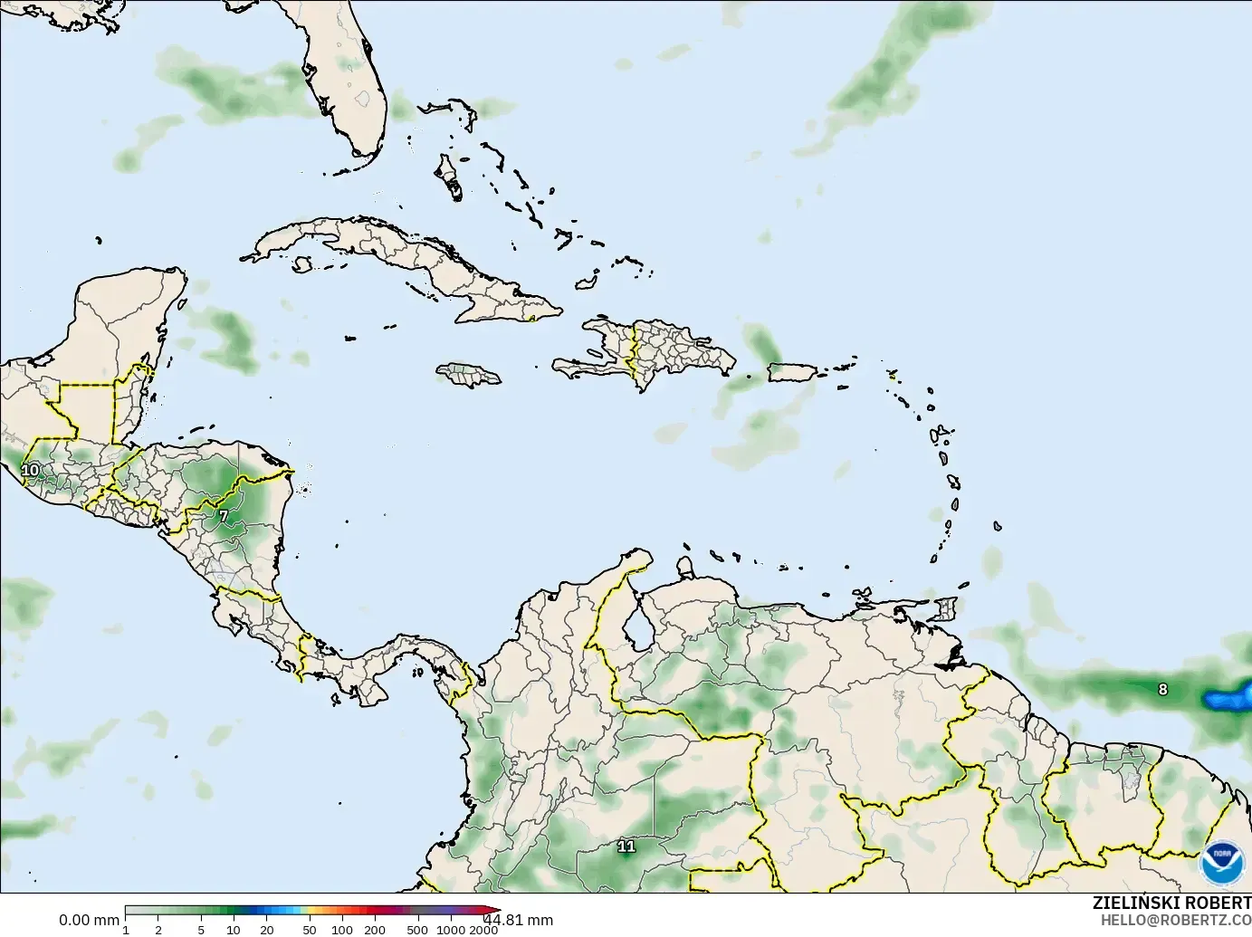 GFS model - Caribbean, Precipitation Accumulation