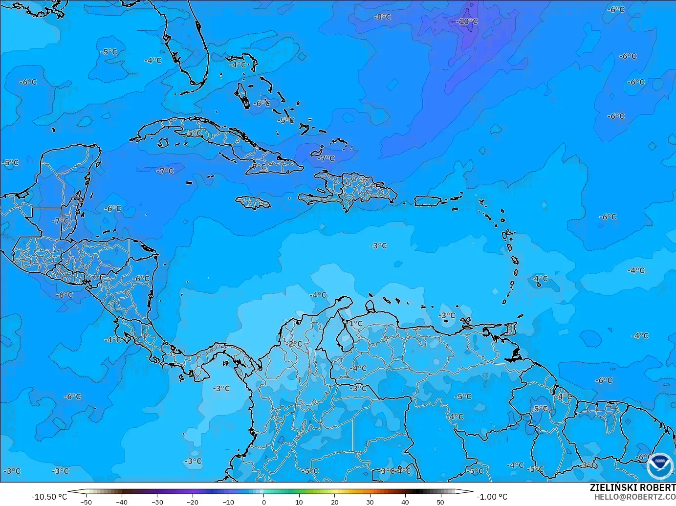 GFS model - Caribbean, Temperature at 500hPa