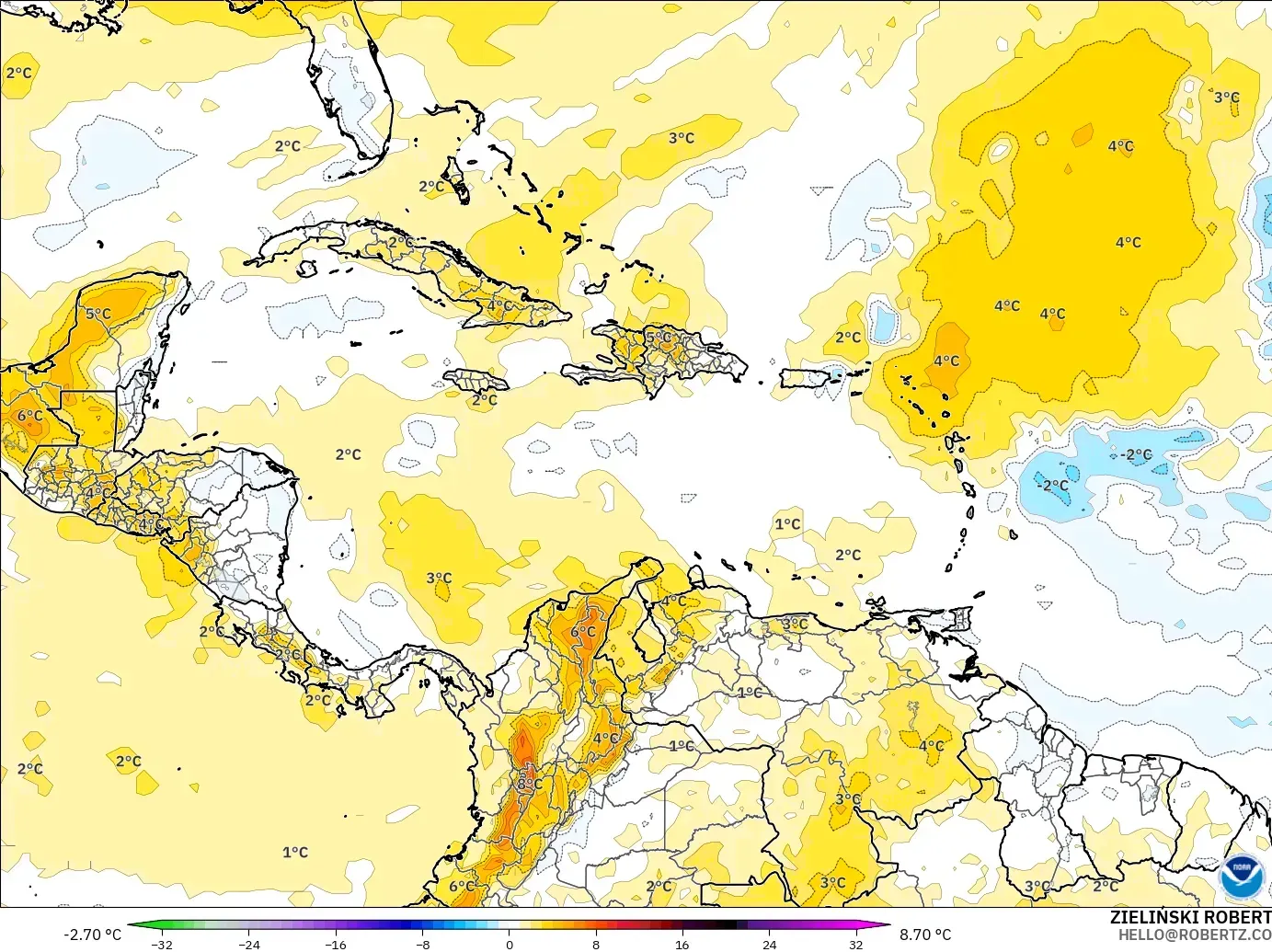 GFS model - Caribbean, Temperature at 850hPa Anomaly