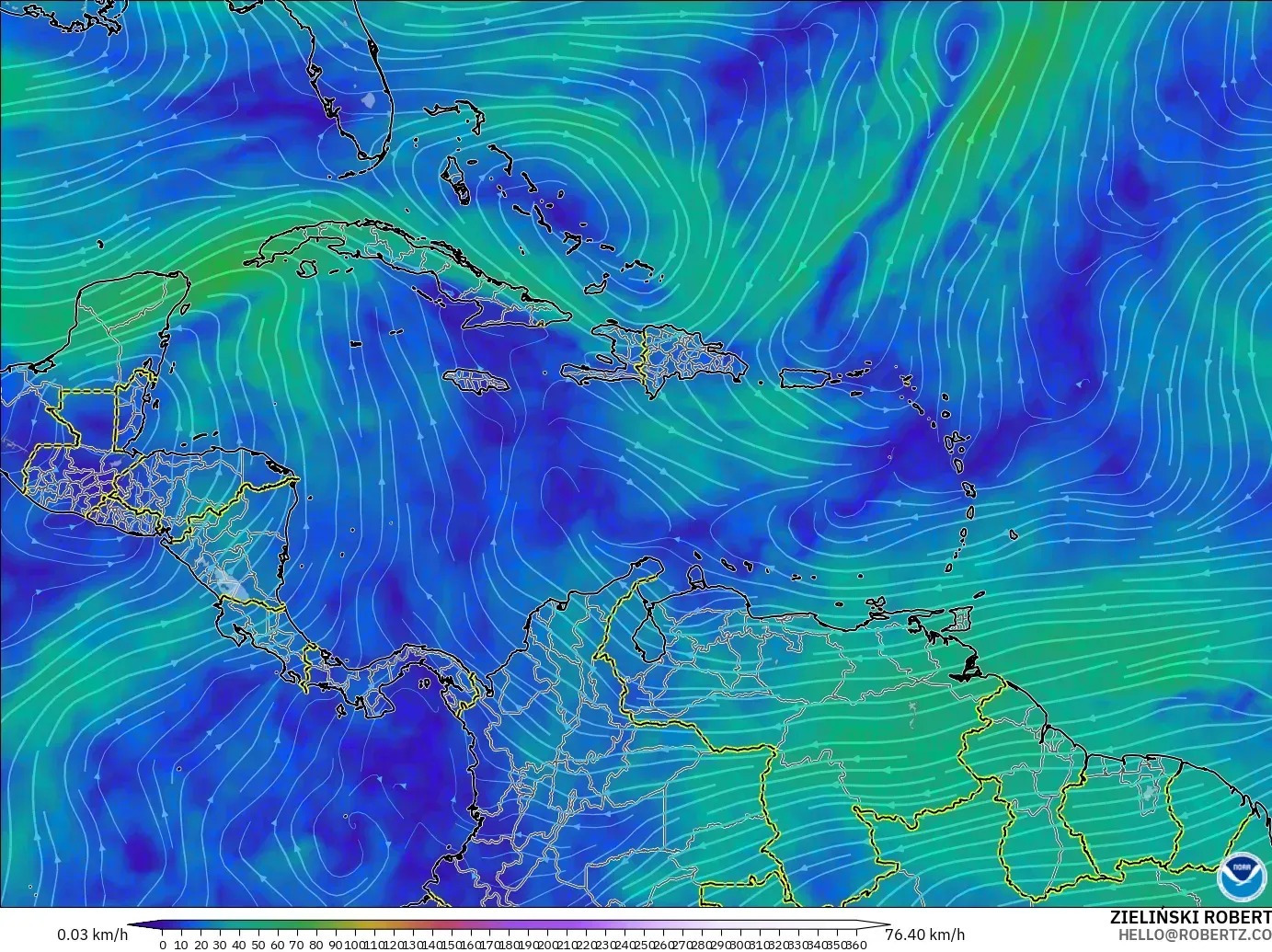 GFS model - Caribbean, Wind at 300hPa (jet stream)
