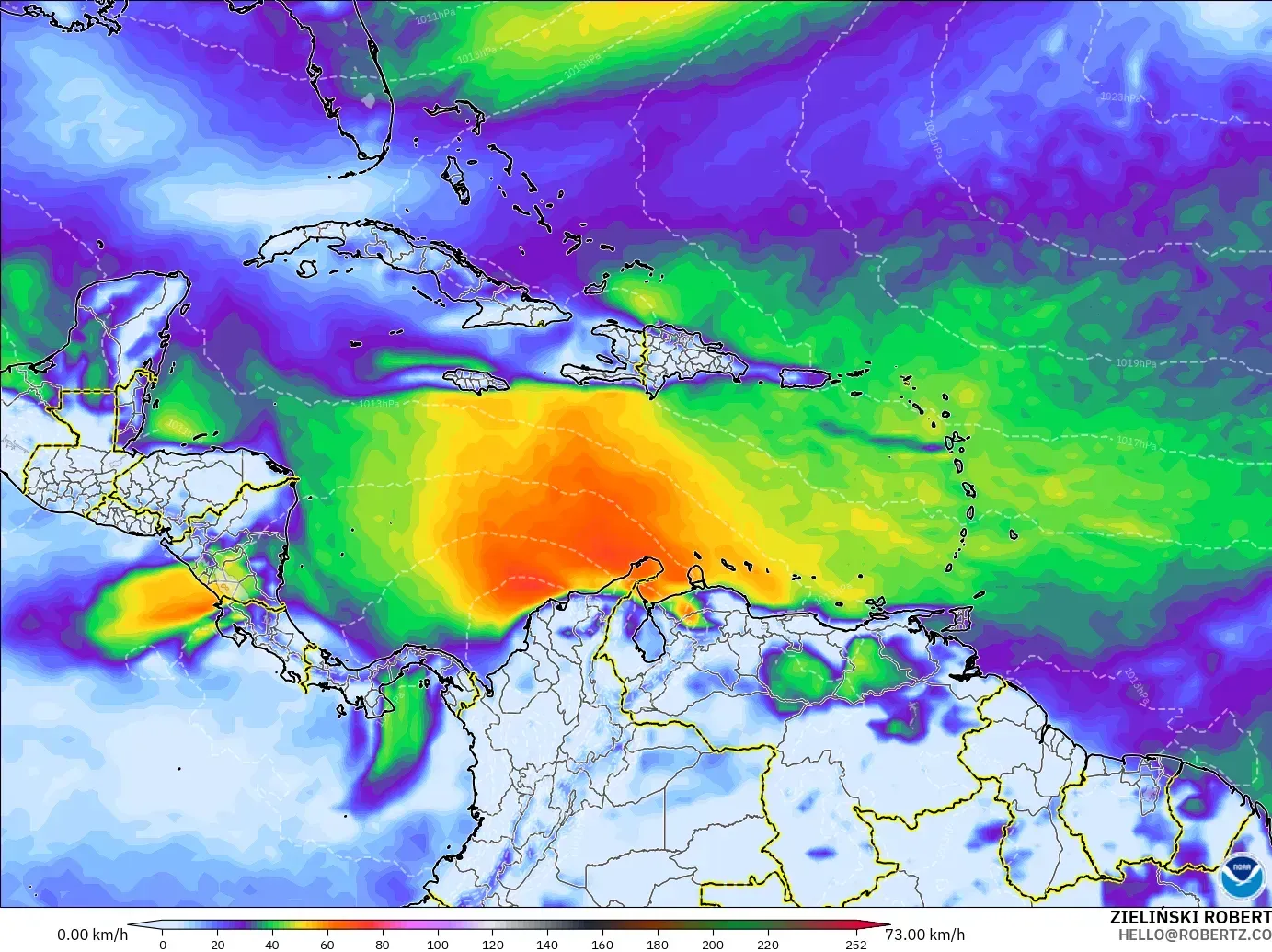 GFS model - Caribbean, Wind Gusts Peak