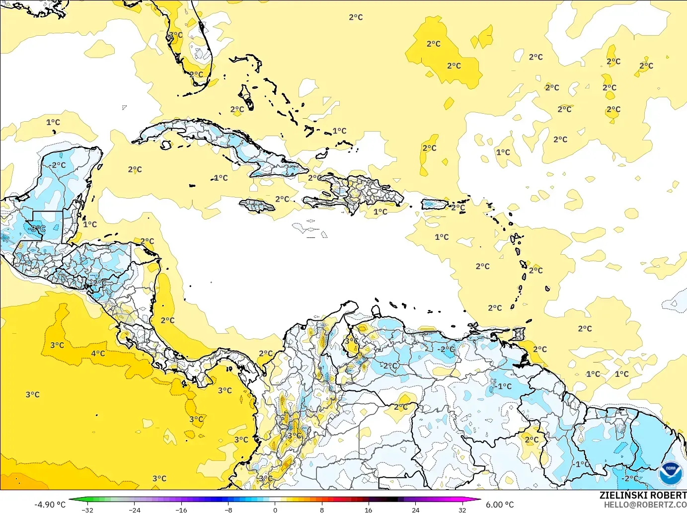 GFS model - Caribbean, Temperature at 2m Anomaly