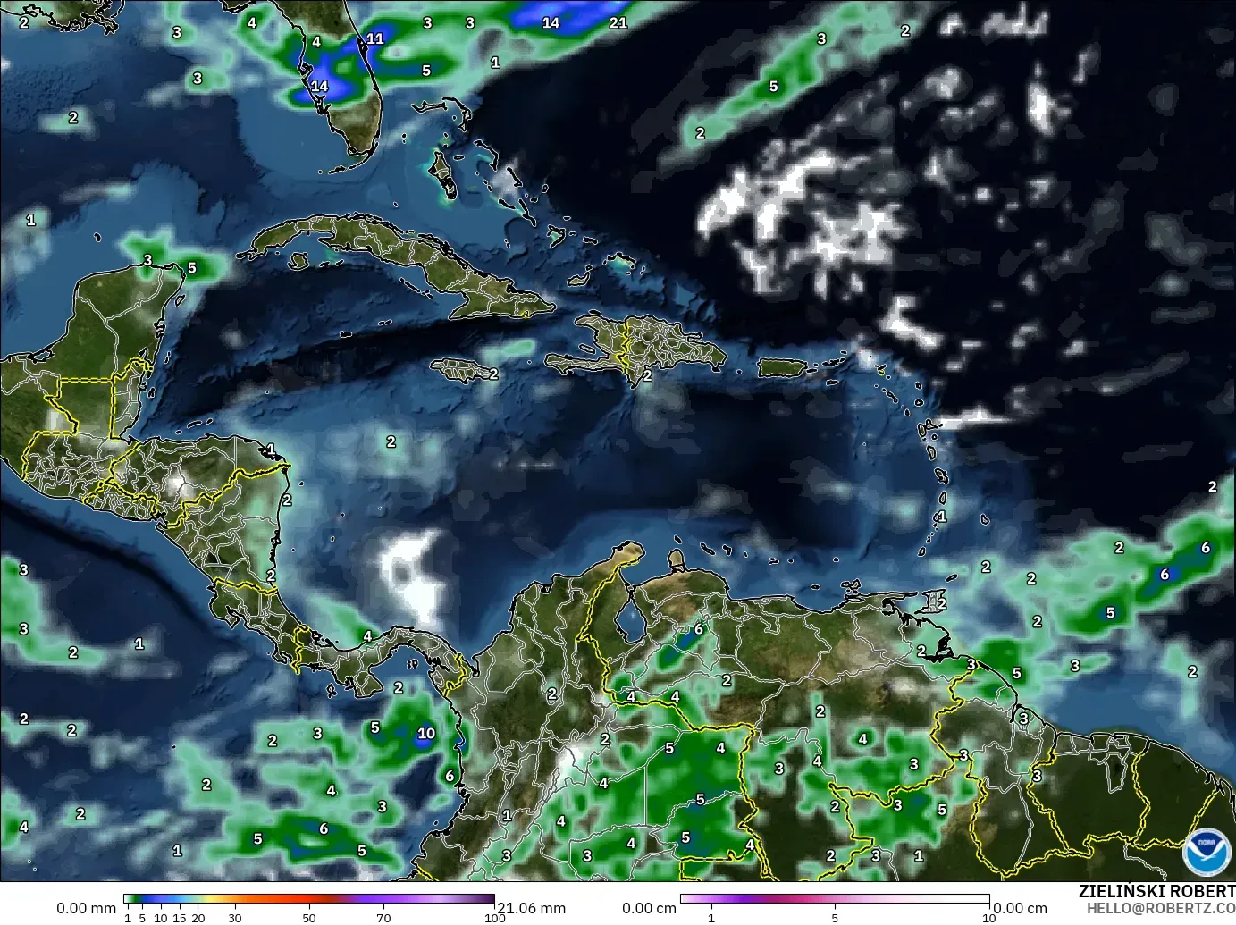 GFS model - Caribbean, Precipitation, Clouds, and Pressure