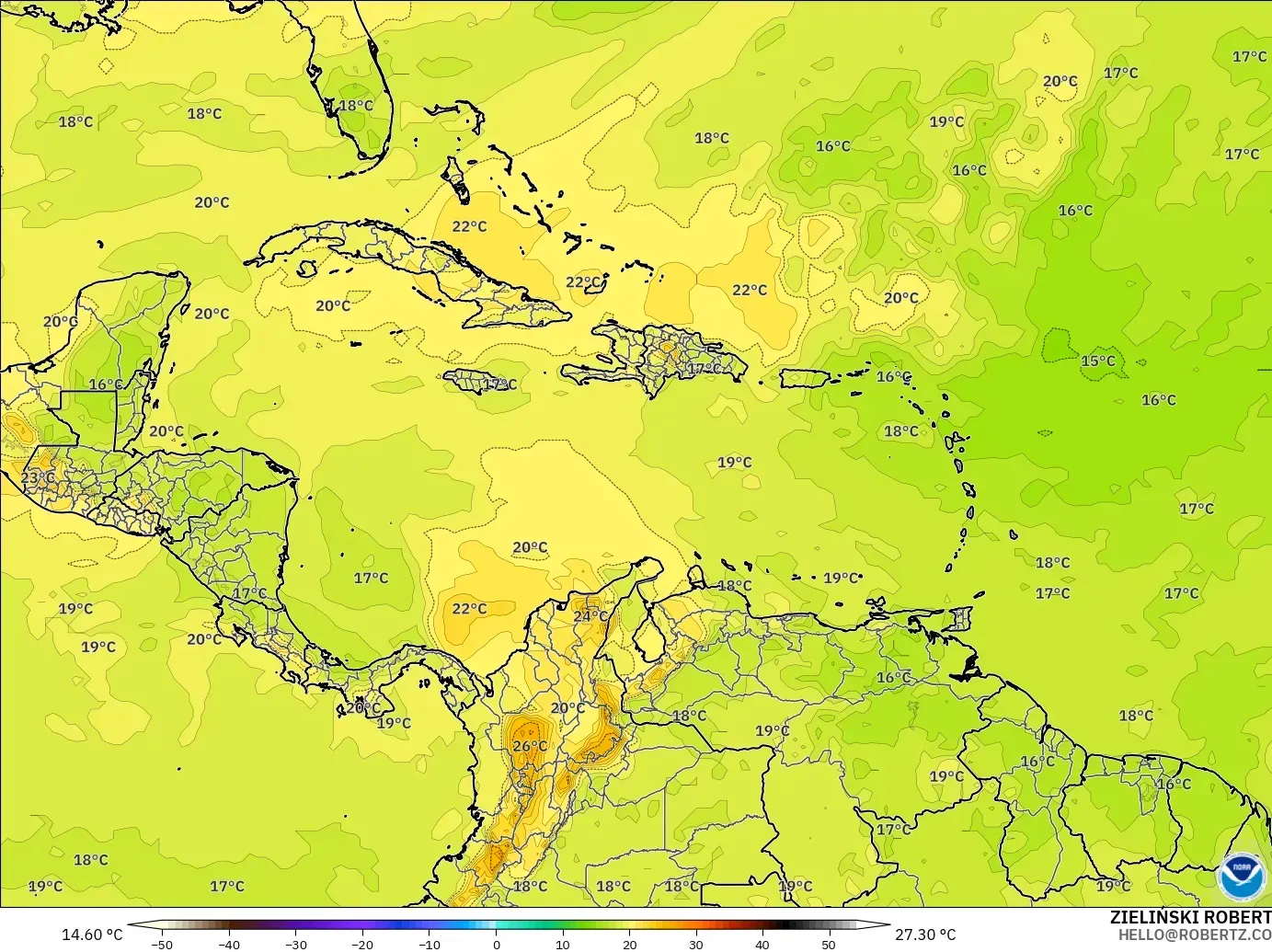 GFS model - Caribbean, Temperature at 850hPa