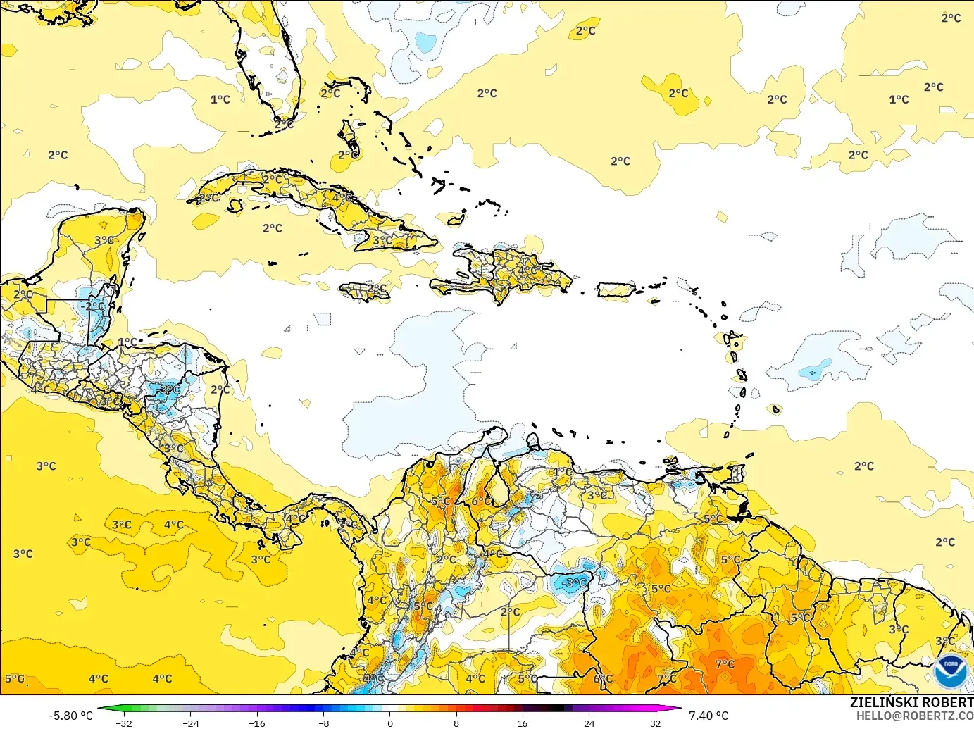 GFS model - Caribbean, Temperature at 2m Anomaly