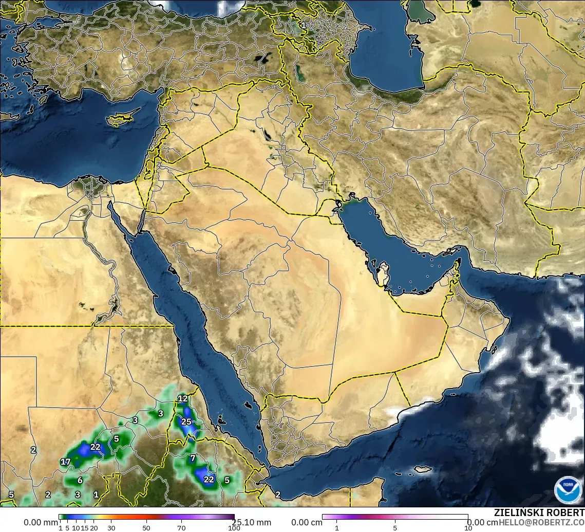 GFS model - Middle East, Precipitation, Clouds, and Pressure