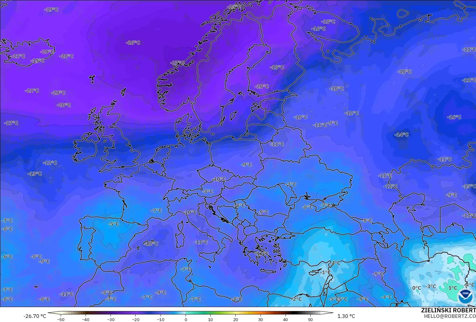 GFS model - Europe, Temperature at 500hPa
