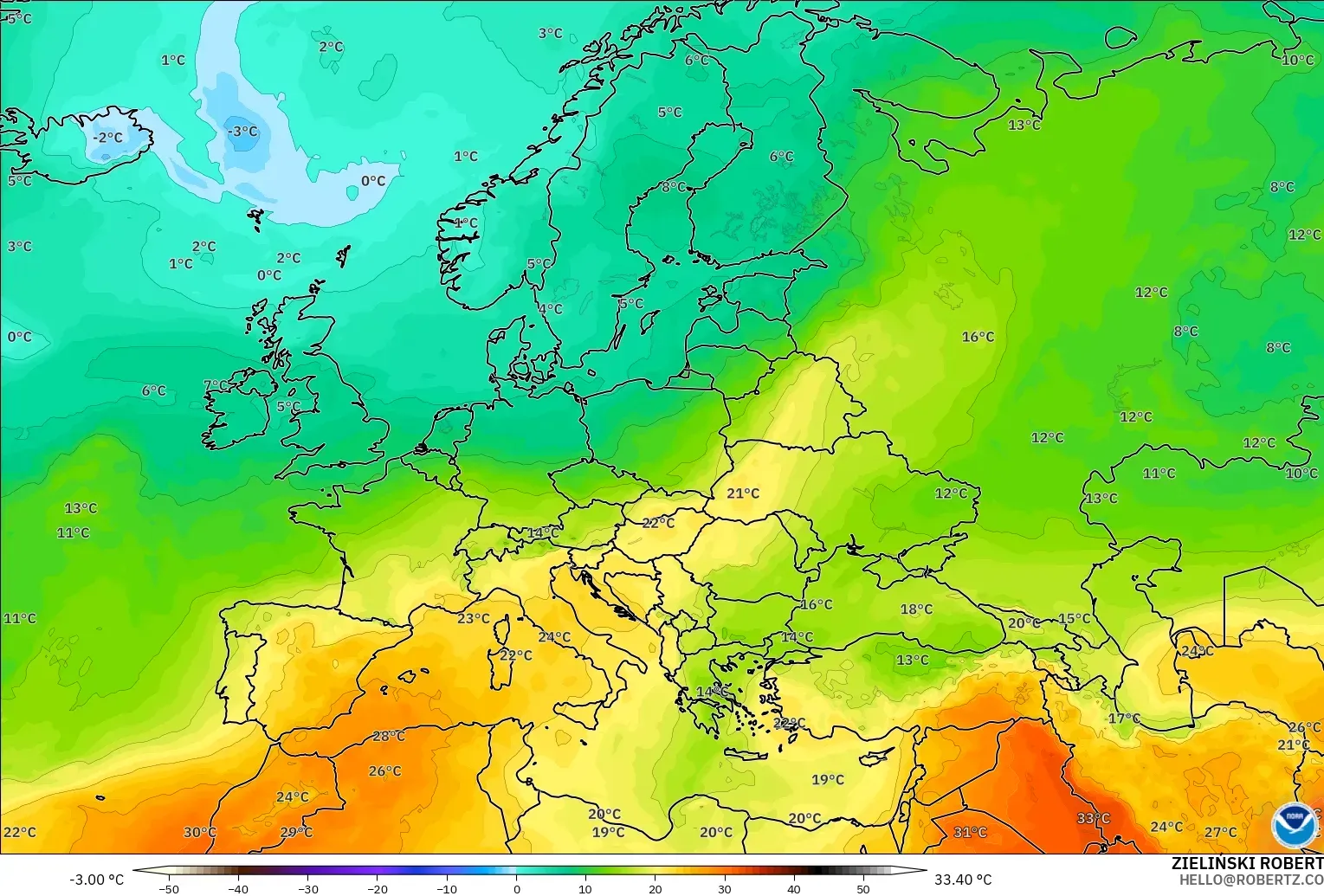 GFS model - Europe, Temperature at 850hPa